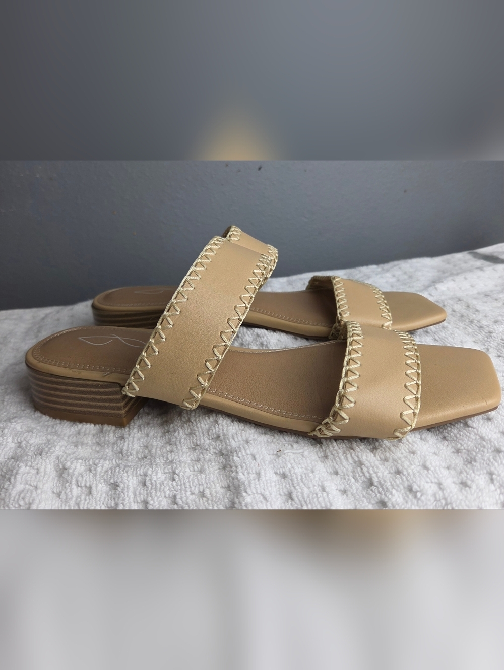 Joie Neutral Tan Slide Mules with Contrast Whipstitch
